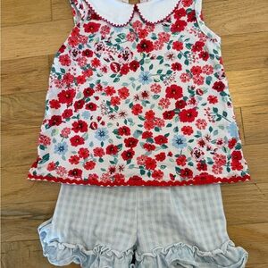Girls' Floral Red & Blue Matching Set with Gingham Shorts